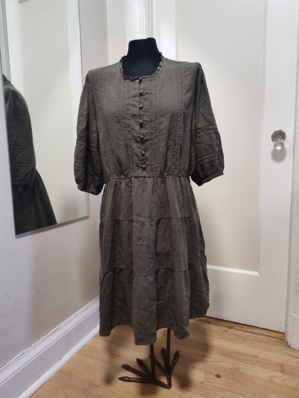Sanctuary Tiered Cottagecore Linen Midi Olive Green Dress